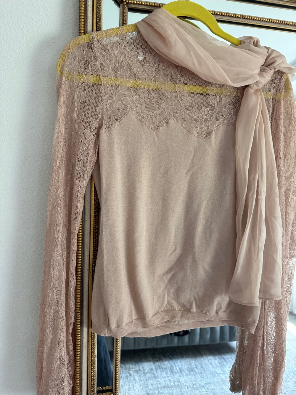 Valentino Blush Lace Yoke Long-Sleeve Top